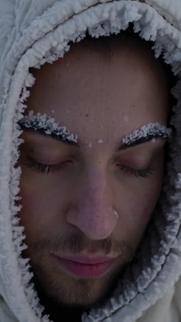 close-up portrait of a young man wearing a winter jacket with frost forming on his eyebrows and face, highlighting the extreme cold and his serene expression with closed eyes