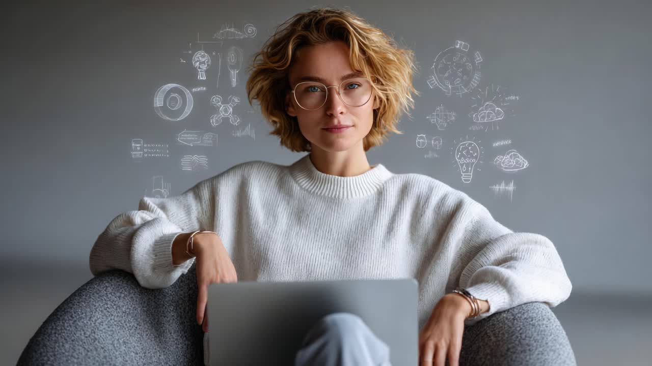 A Thoughtful Individual Engaging with Technology: Exploring Ideas Through Creative Visualization in a Cozy Setting