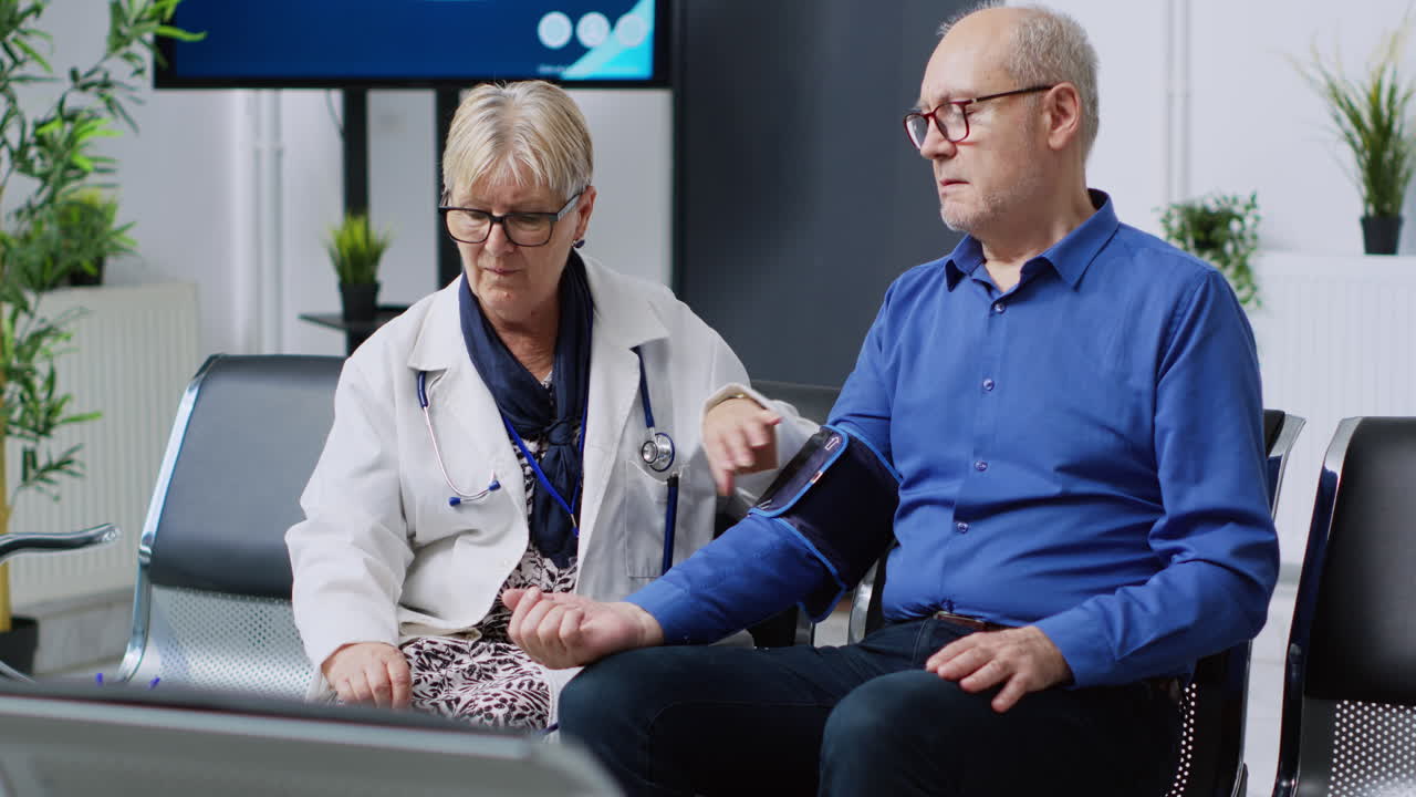 Doctor Measuring Patient's Blood Pressure in Waiting Room