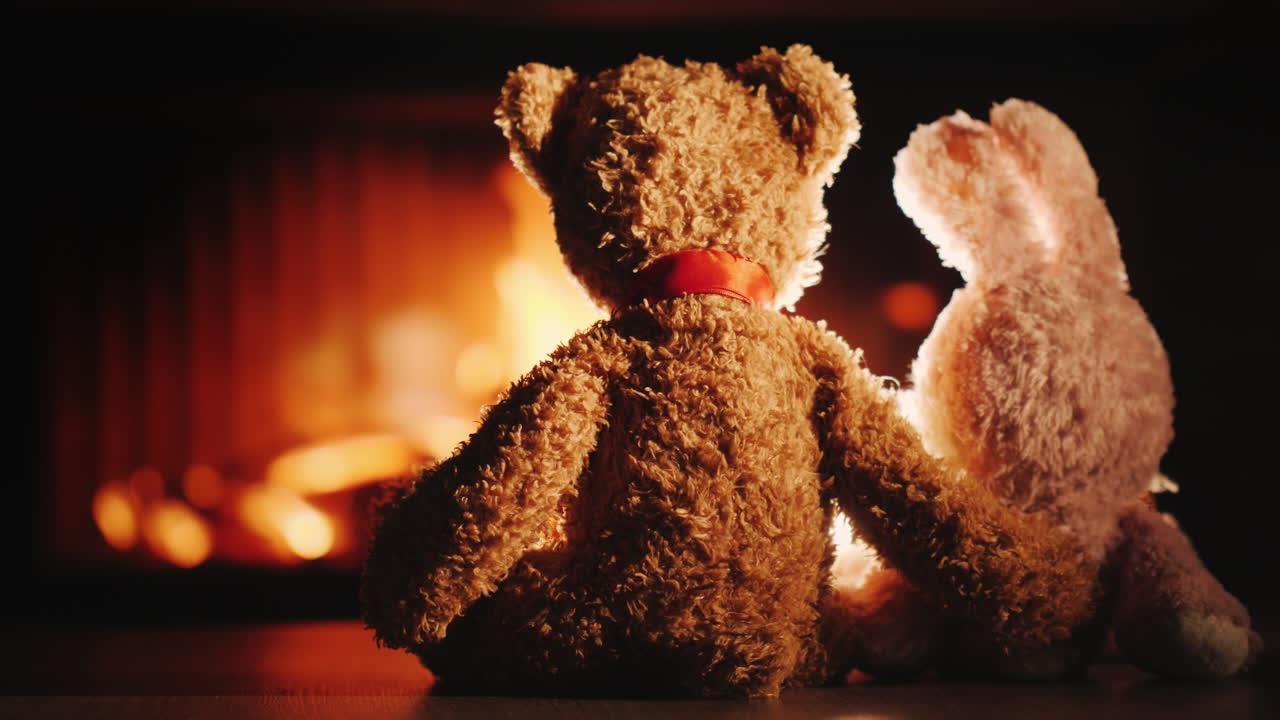 포옹에 곰과 토끼는 벽난로 발렌타인 데이 개념 옆에 앉아