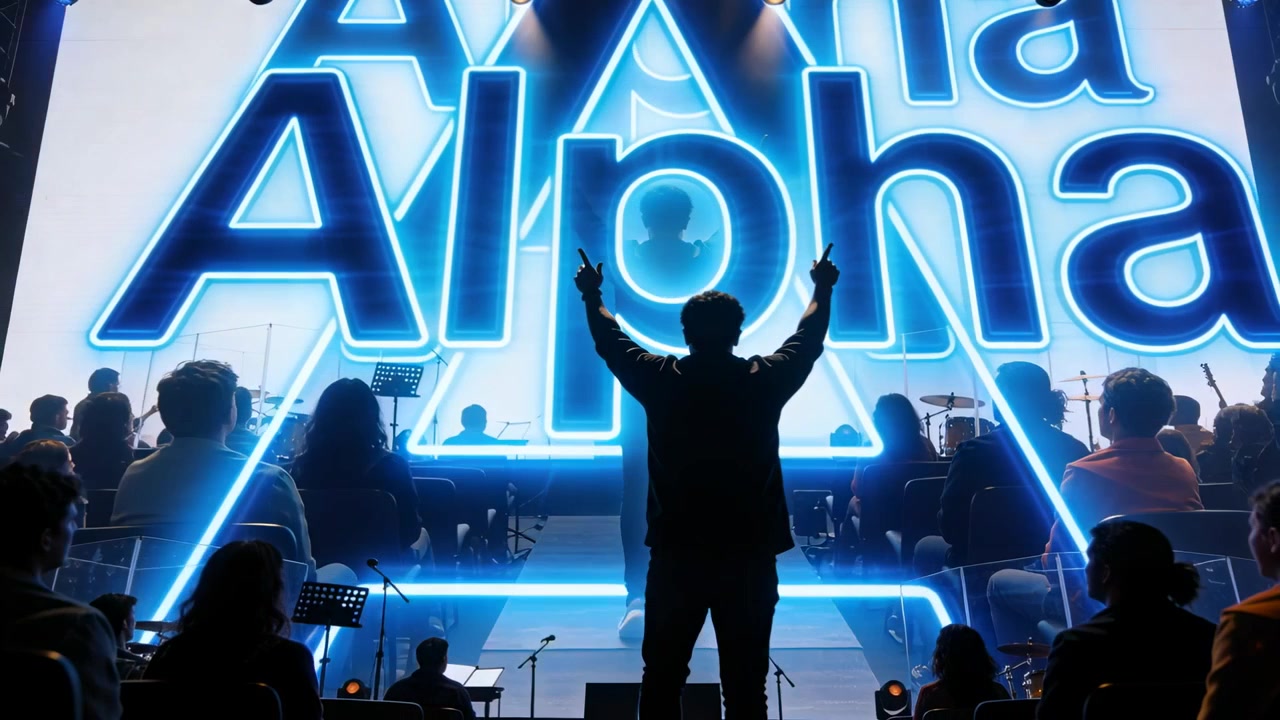 Raising male leader in jacket and trousers signaling band with lighting pulsing over Alpha backdrop