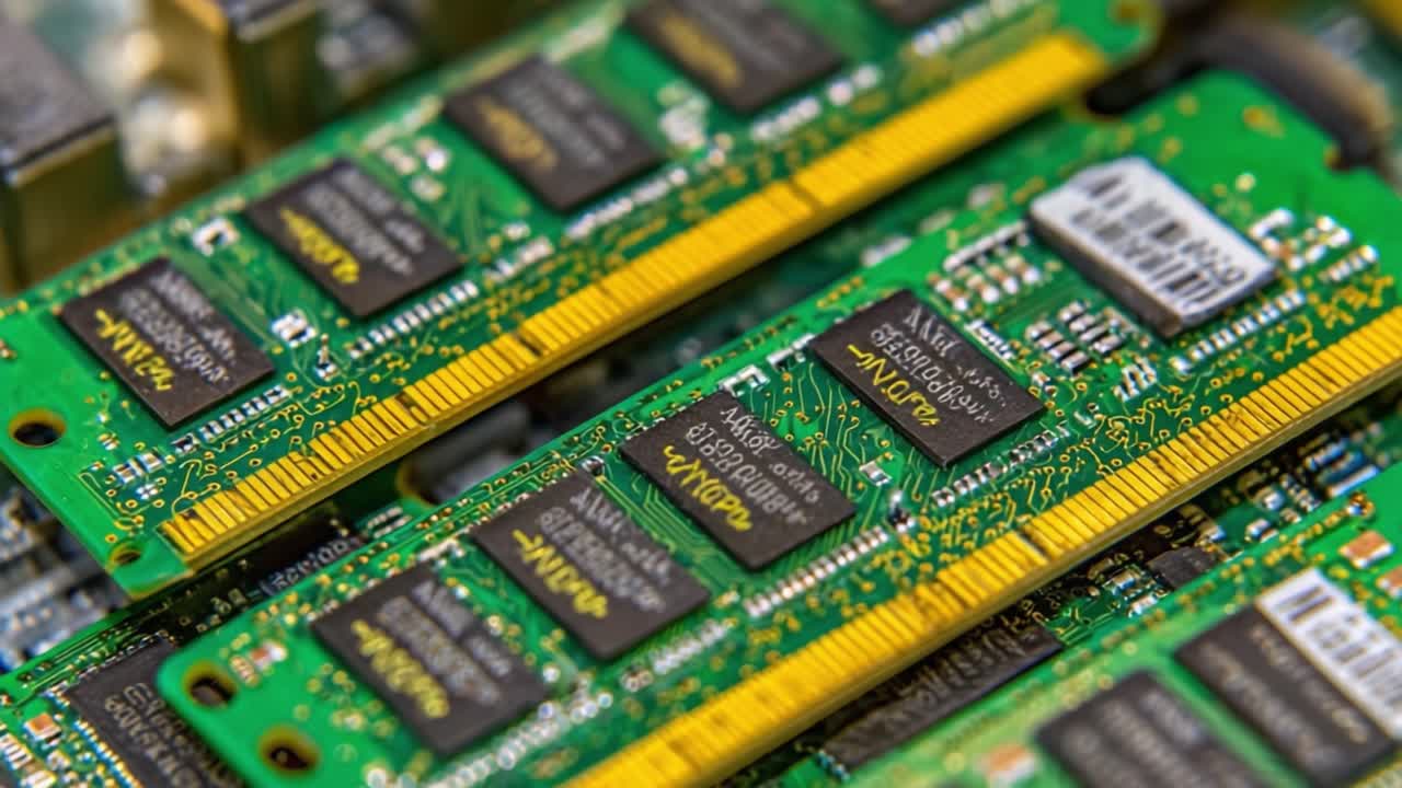 Close-Up View of Computer Memory Modules Revealing Detailed Circuitry and Components in High-Resolution, Showcasing Advanced Technology in Contemporary Computing Systems