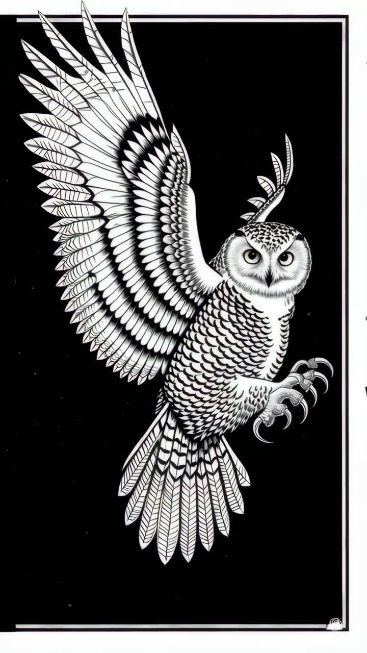Detailed Black and White Illustration of a Snowy Owl in Flight