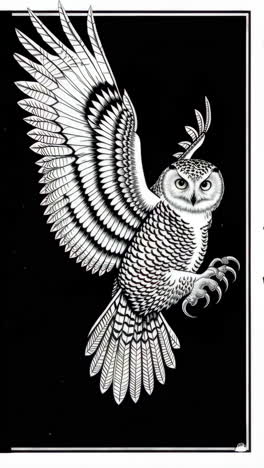 detailed black and white illustration of a snowy owl in flight