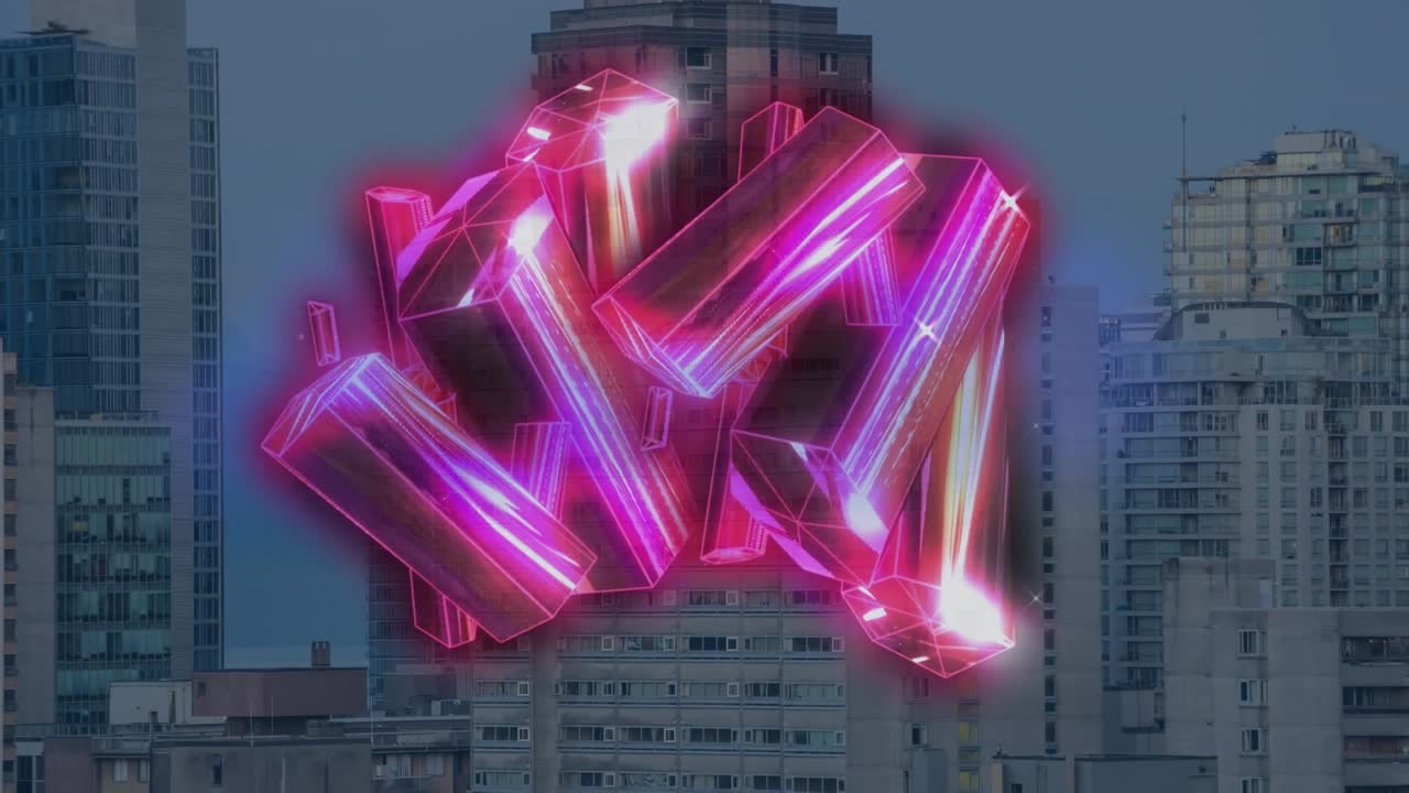 Animação de padrão abstrato rosa iluminado movendo-se sobre arranha-céus modernos contra céu claro