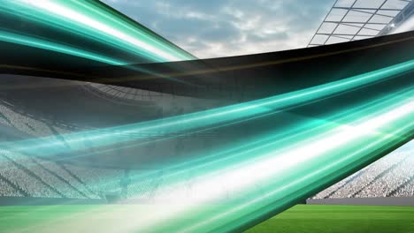 Animation-of-green-light-trails-over-sports-stadium-background