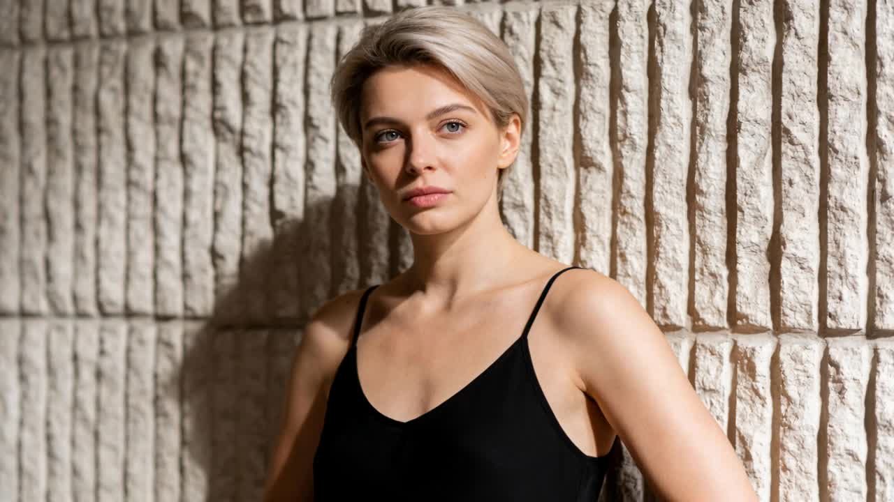 Donna in posa con un top nero che inclina la testa verso la telecamera accanto a una parete a coste, con la telecamera che si avvia e la luce che proietta un'ombra.