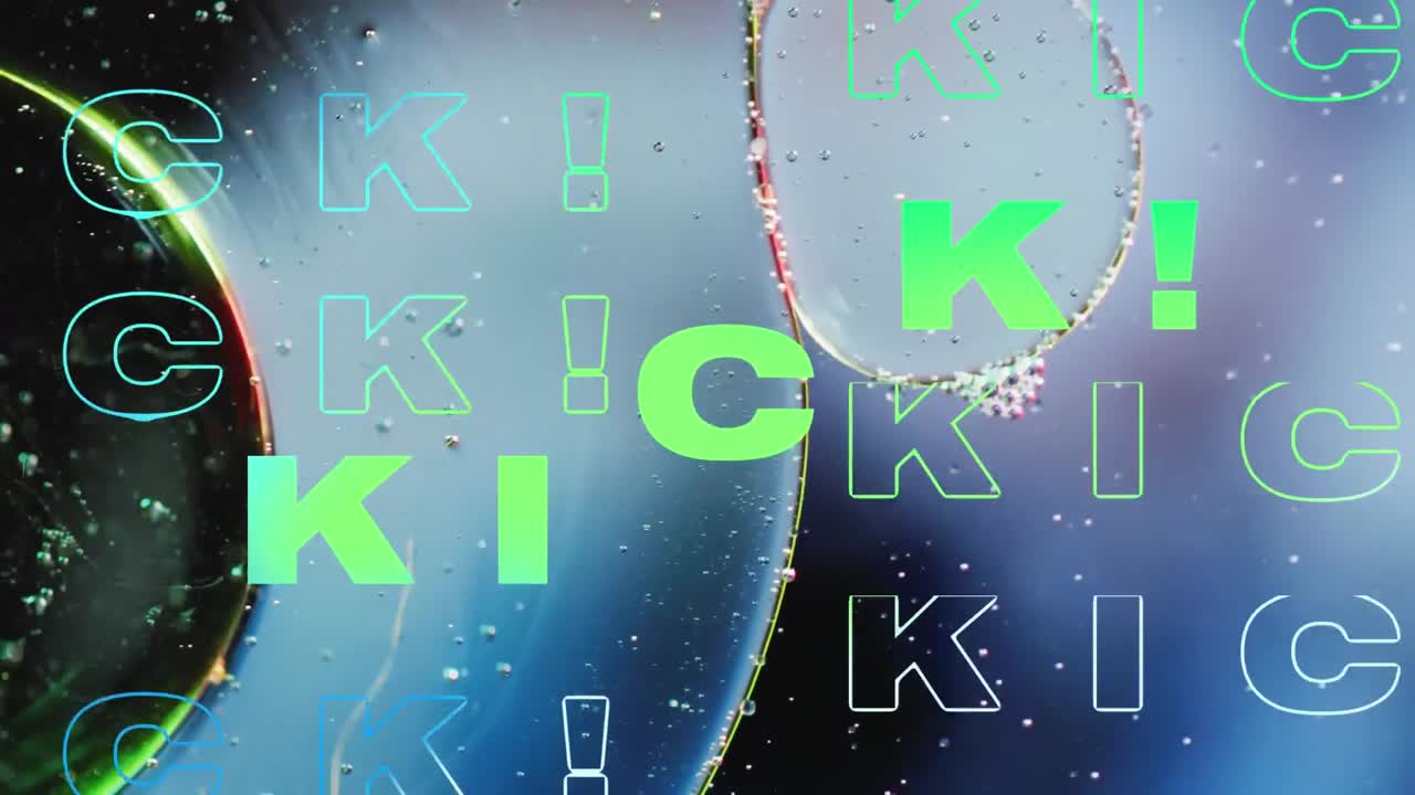 Animation of kick text over close up of liquid and baubles