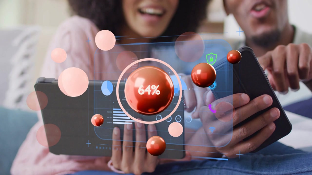 Couple sitting on couch, man tapping phone and checking finance progress via animated charts at 64%