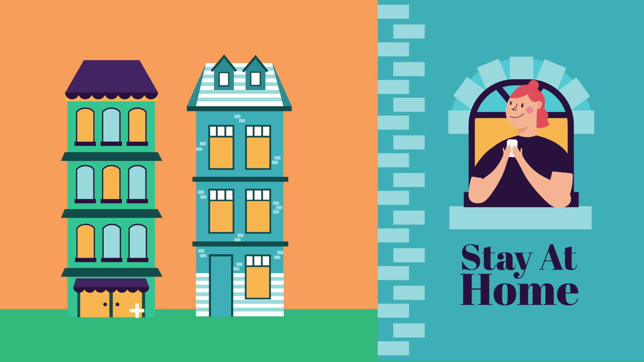 mujer usando teléfono inteligente en la ventana del apartamento campaña de quedarse en casa