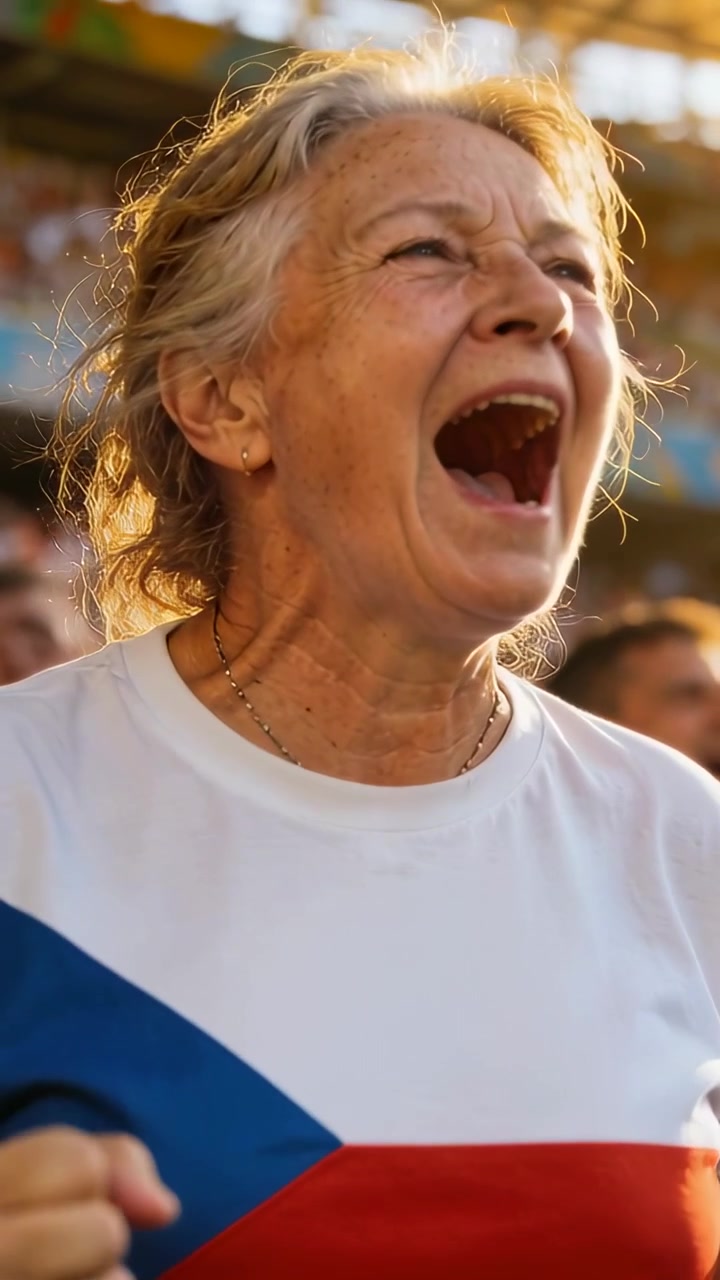 Vertical video: Reacting to play senior woman fan shouting, cheering in stands with red-blue tee