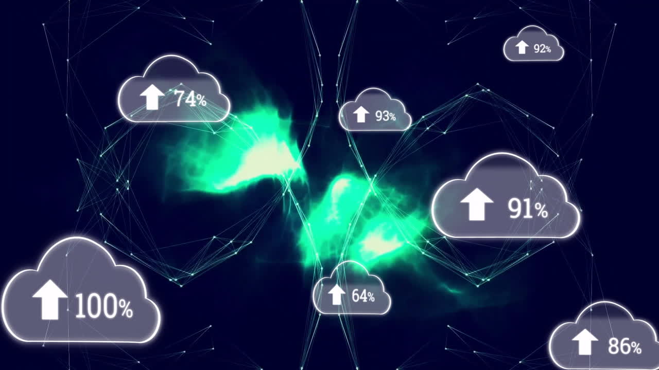 Digital network with cloud icons and percentage symbols on glowing green background