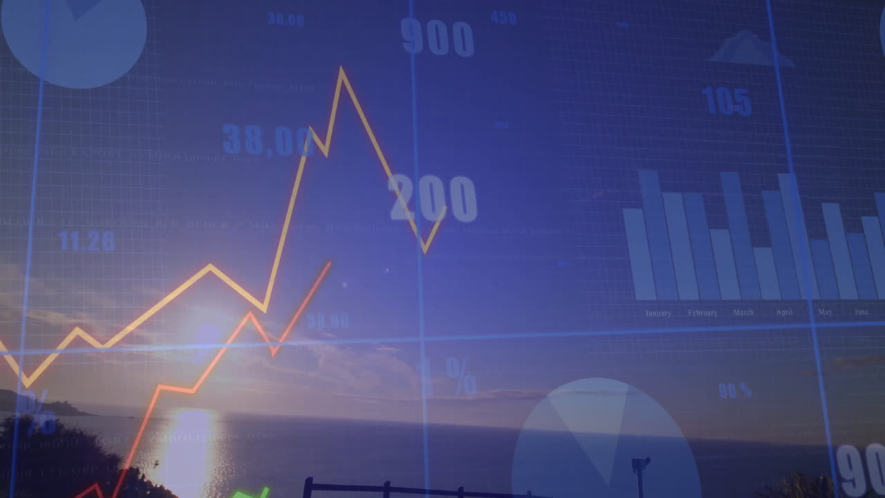 Sovrapposizione di grafico finanziario digitale che fluttua su un paesaggio marino al tramonto, mostrando grafici a linee, a barre e a torta