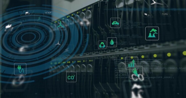 Animation of data processing and ecology icons over server room