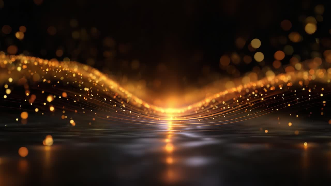 Un affascinante viaggio visivo che ritrae onde dorate di luce fluente e particelle scintillanti, creando un'atmosfera accattivante di tranquillità ed eleganza