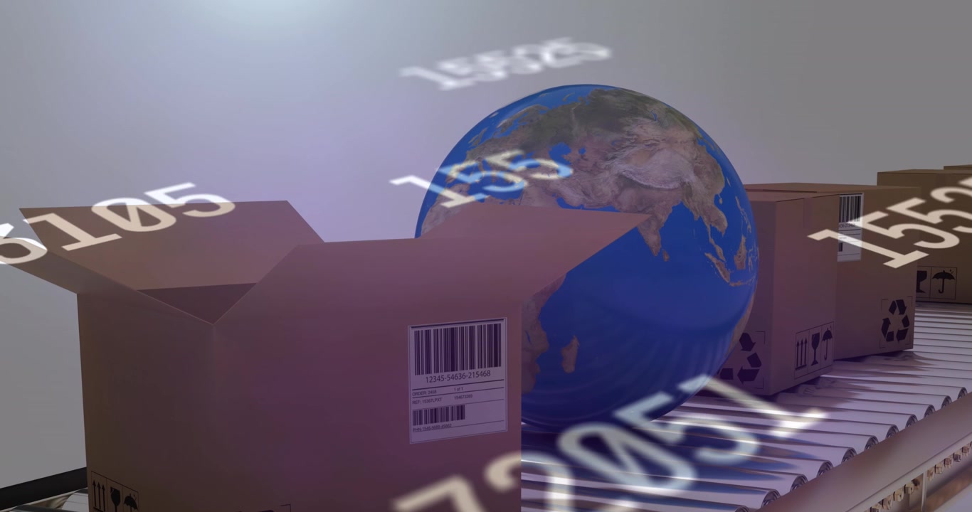 Animation de chiffres évolutifs sur un globe et des colis