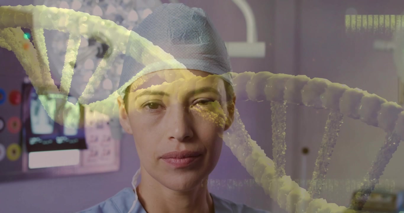 Chirurgo che batte le palpebre e poi socchiude gli occhi mentre osserva un'elica di DNA che attraversa l'inquadratura, guidando l'analisi.
