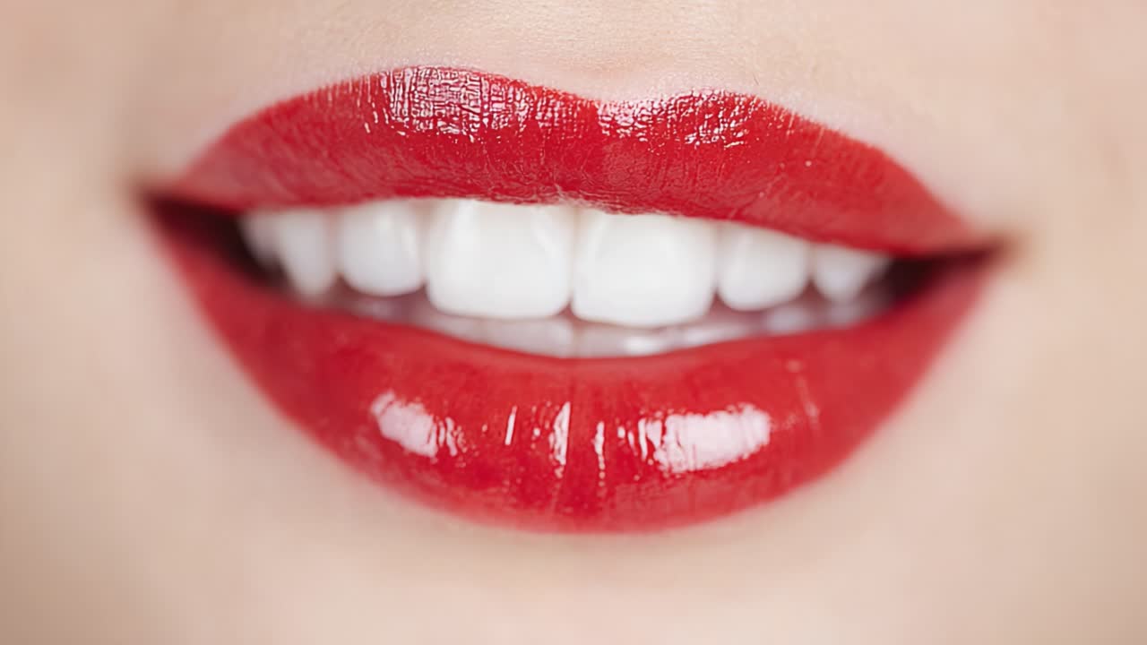 A Close-Up Examination of Glossy Red Lips, Showcasing a Stunning Transformation from Smiling to Serene Expression in Beauty Photography