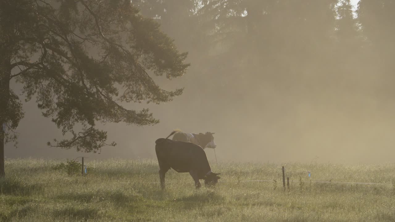 две коровы пасутся на лугу у леса во время утреннего тумана