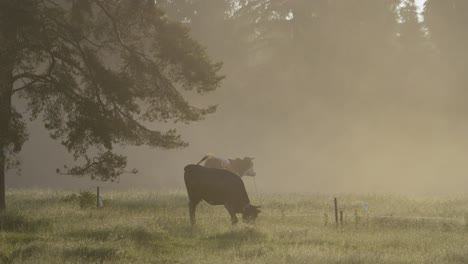 Two-cows-grazing-in-a-meadow-by-the-forest-during-the-morning-fog