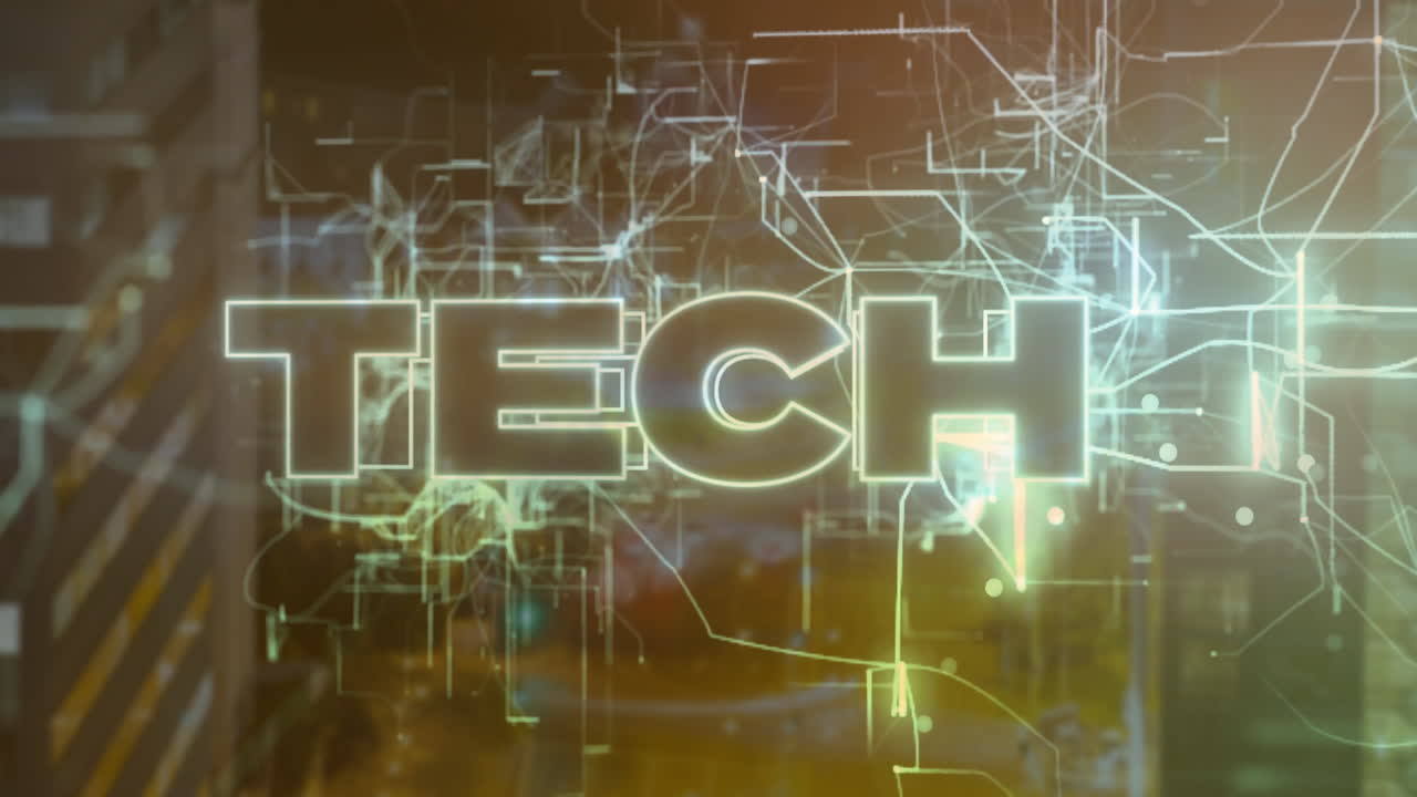 Animation of tech text with connections over cityscape