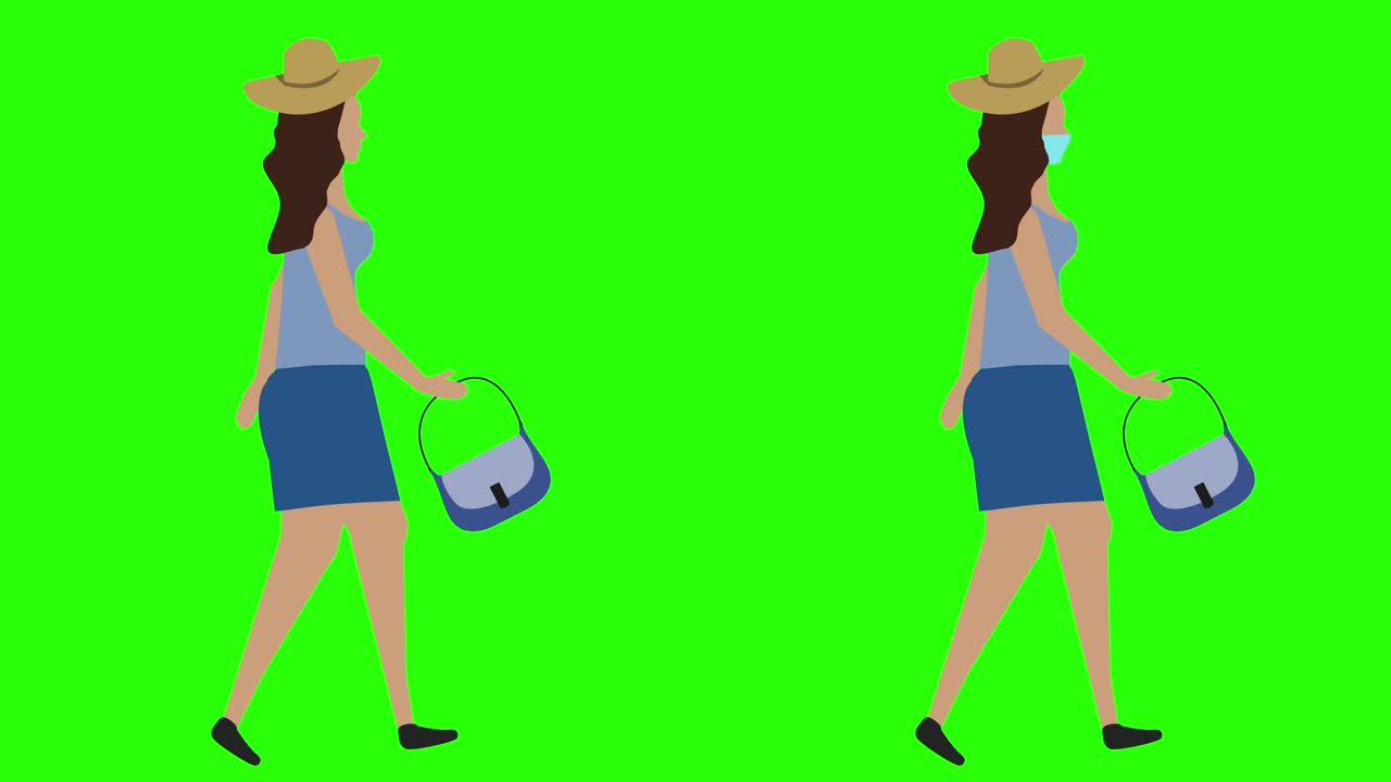 Women walking cycle seamless loop , face mask version, green screen chroma key animation, flat design