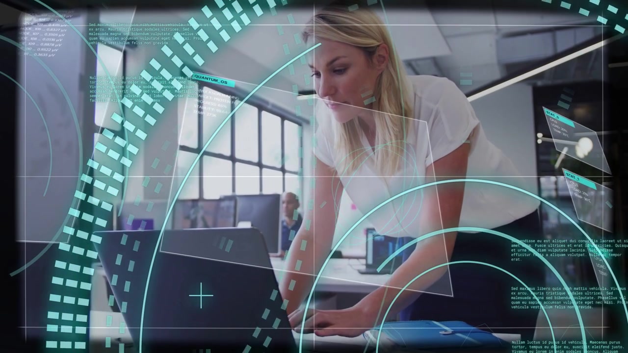 Woman leaning, assessing laptop, adjusting hair and typing while teal HUD overlaying her in office