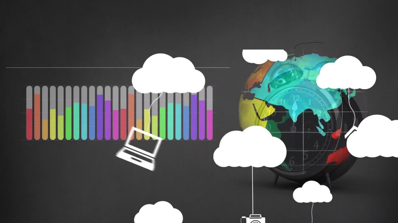 animación del globo y los iconos sobre un fondo negro.