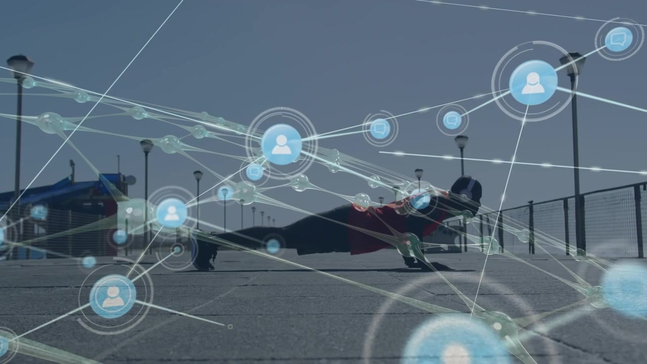 Animation of network of connections over african american man doing push ups