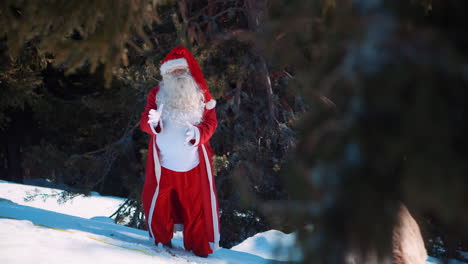 santa is standing in a middle forest covered with snow with a reindeer next to him