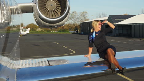 a playful flight attendant sits on the wing of an aircraft