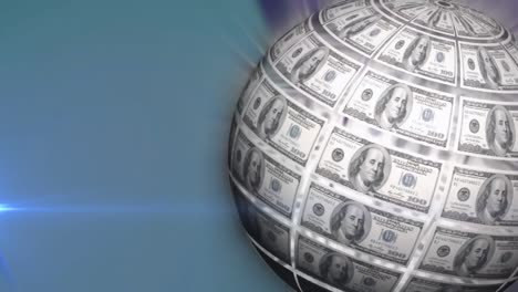 Animation-of-rotating-globe-of-dollar-bills-and-moving-light-on-grey-background