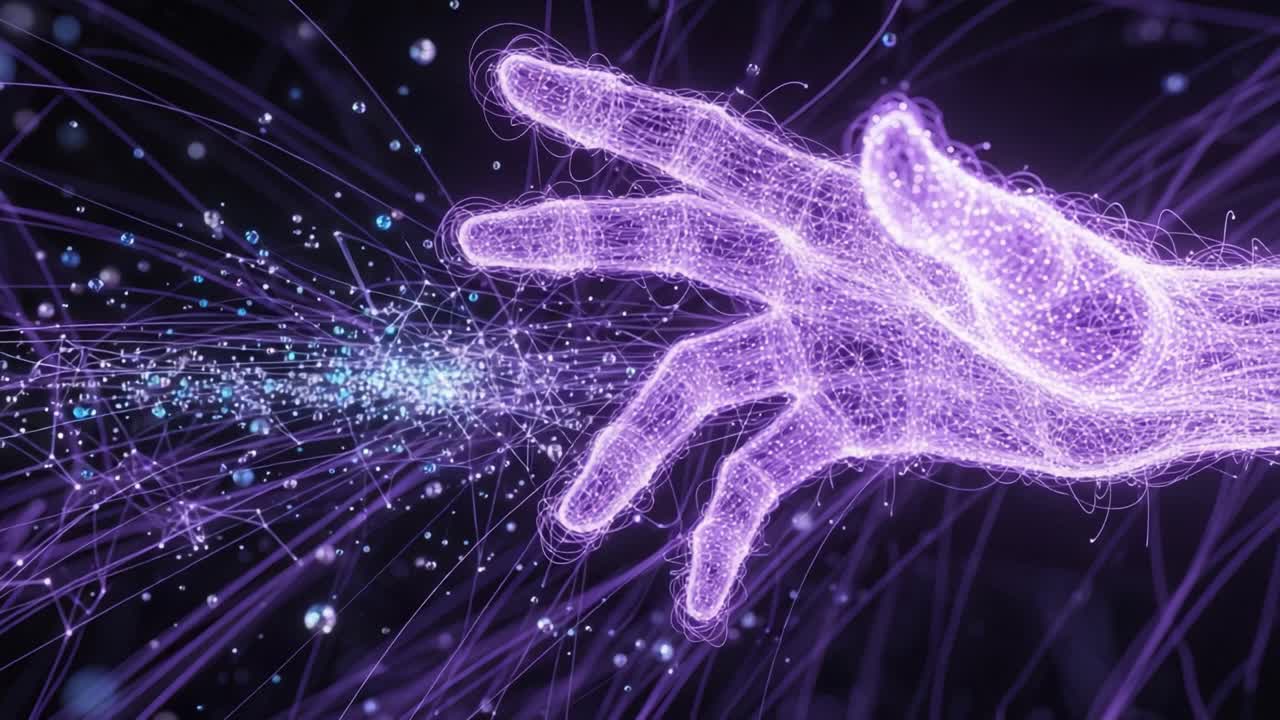 A Futuristic Representation of a Hand Projecting Energy, Surrounded by Ethereal Particles and Colorful Waves That Evoke a Sense of Motion and Digital Realism