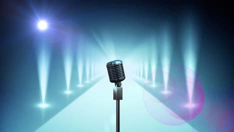 animation of retro microphone between two moving rows of white spotlights