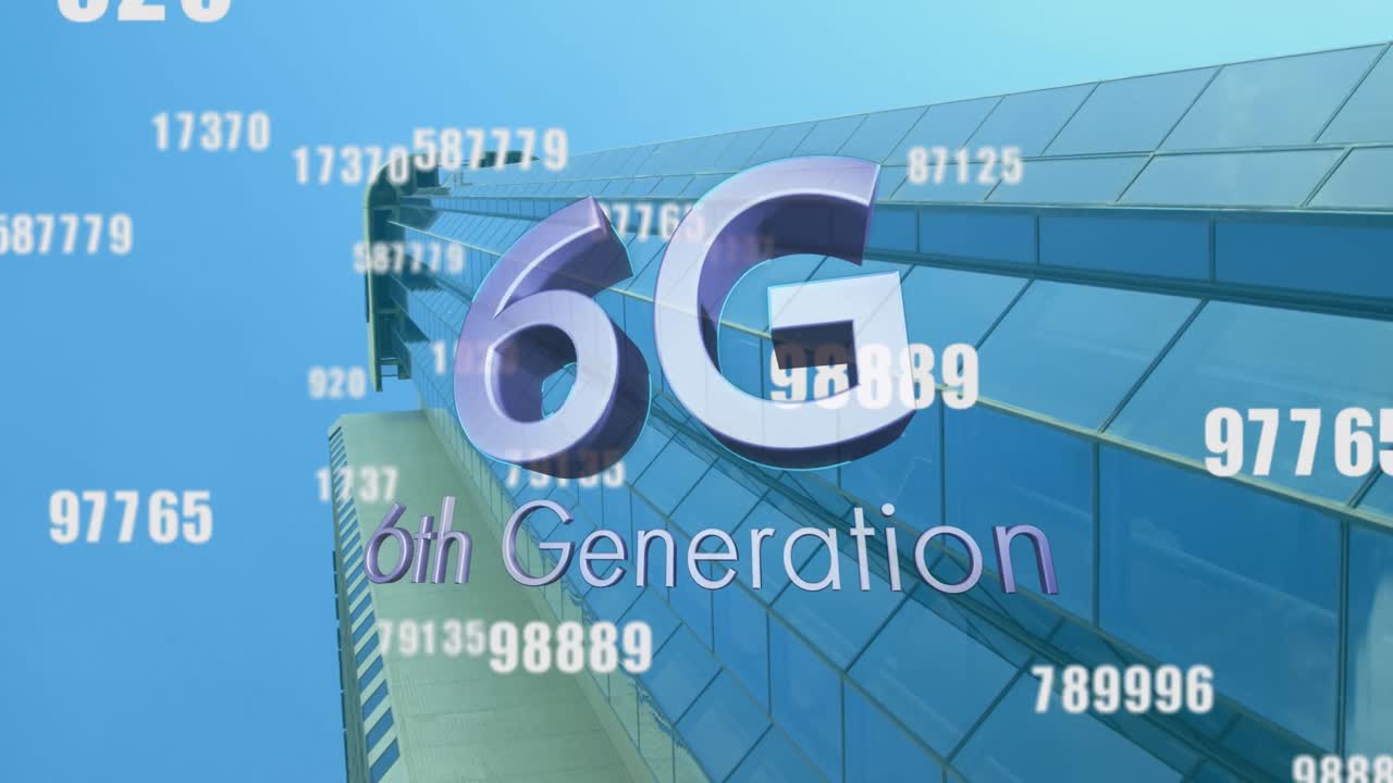 animación de texto de 6g sobre procesamiento de datos y paisaje urbano