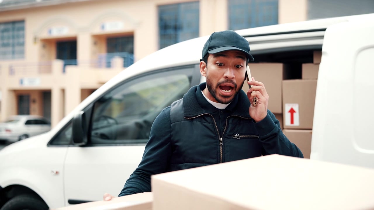 Delivery Driver Talking on Phone While Checking Package