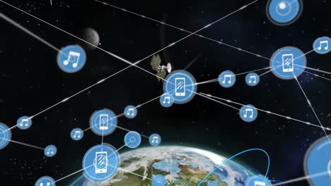 Animation-of-icons-connected-with-lines-over-satellite-around-globe-and-signal-receivers