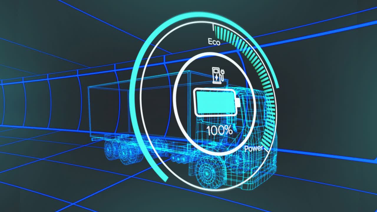 HUD activating animating battery readout rising to 100% then falling, showing truck diagnostics