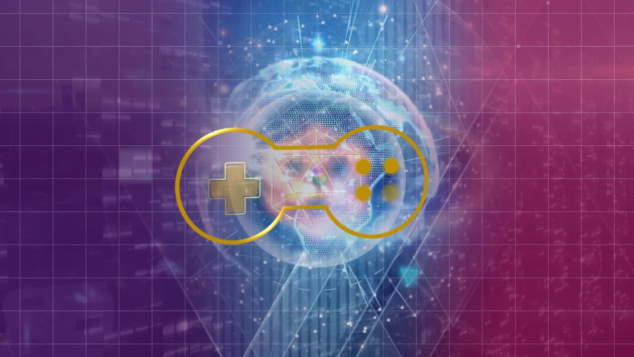Animation of gaming controller, abstract pattern over globe and falling bars on abstract background