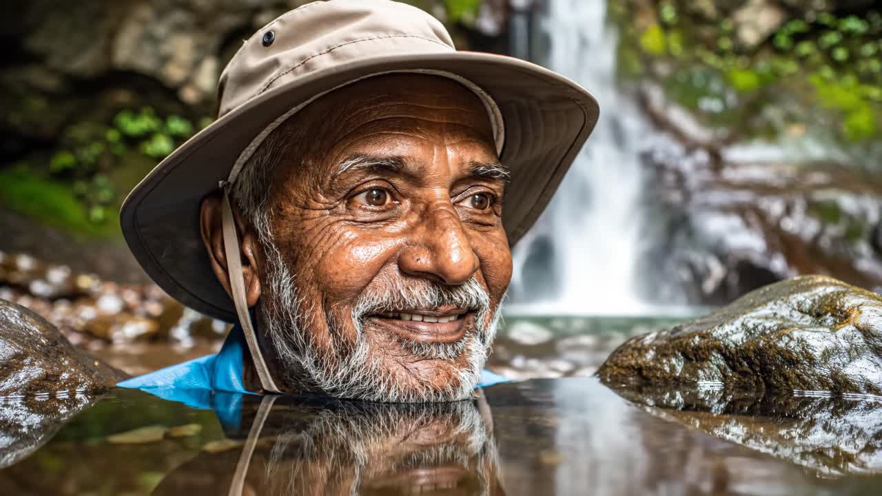 Senior Man Relaxing in Waterfall