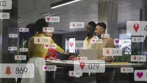 in office, colleagues discussing work with animated social media notifications overlay