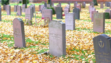 many graves with autumn leaves lying on the ground in kviberg cemetery in gothenburg, sweden - pan over