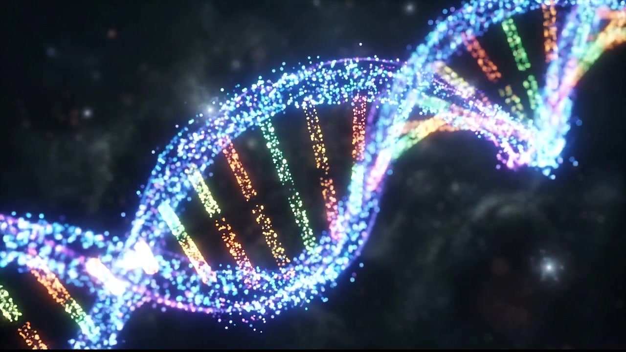 Struttura della catena di DNA biotecnologico fluttuante in una scena di nebulosa spaziale