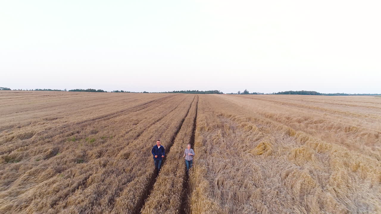 Agriculture Two Farmers Running At Wheat Field