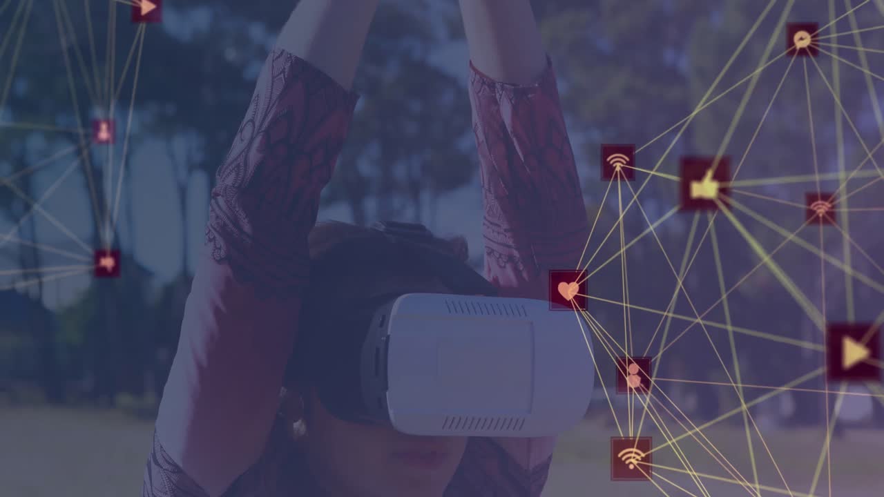 mundo de la red de conexiones contra la chica que usa auriculares vr practicando yoga