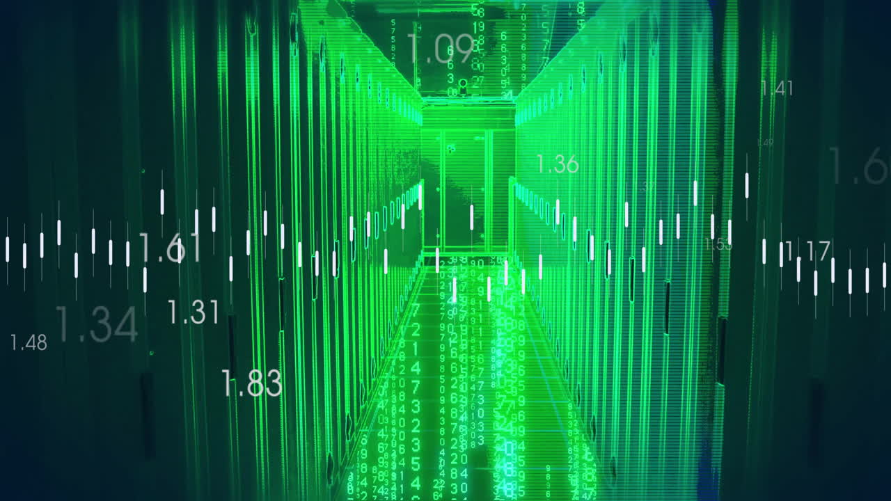 데이터 프로세싱 애니메이션은 숫자 코드와 함께 녹색으로 밝은 서버 을 통해 진행됩니다.
