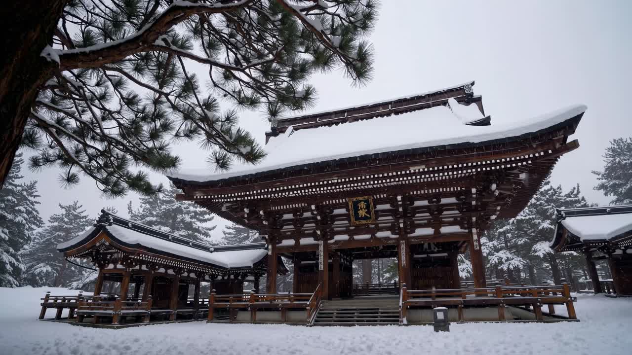 Low-angle video captures a traditional Japanese temple in winter, showcasing snow-covered roofs
