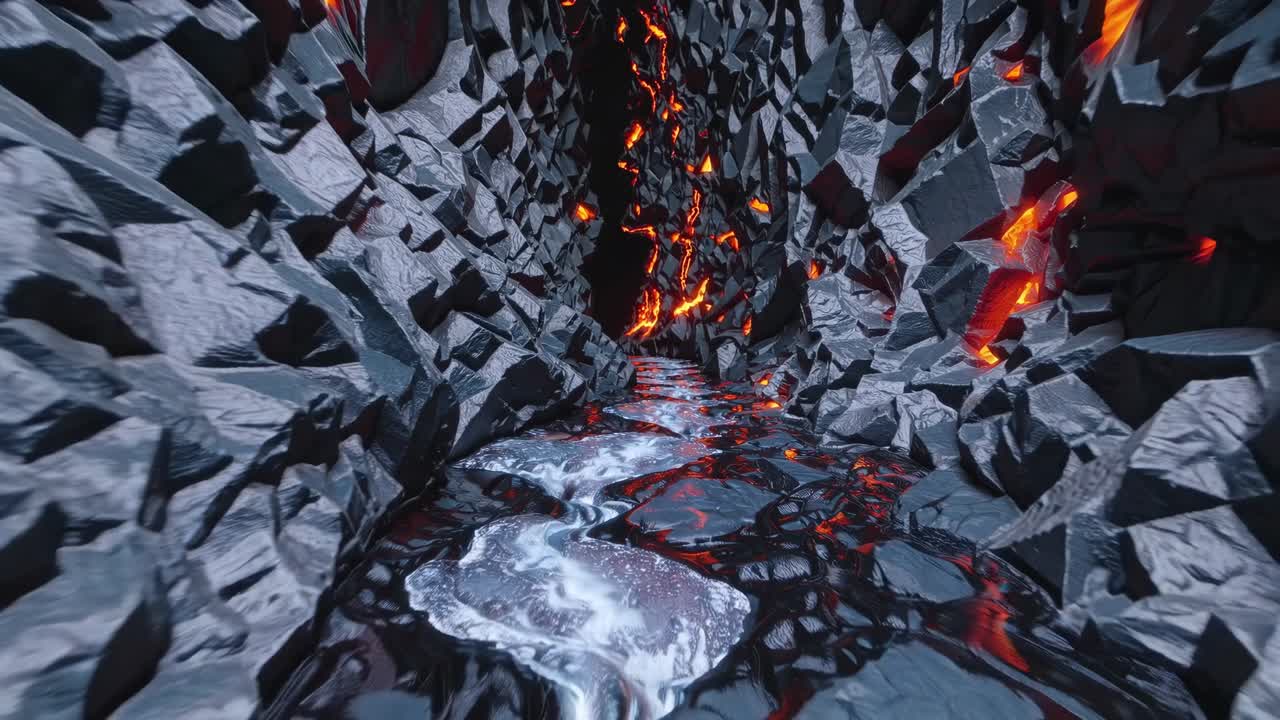 Lava Flowing Through a Rocky Cave