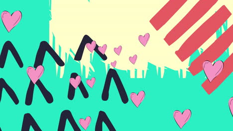 animation of pink hearts floating over moving shapes on yellow and green background