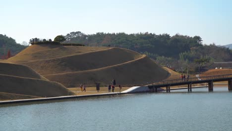 groups of people in protective masks traveling in suncheonman bay national garden